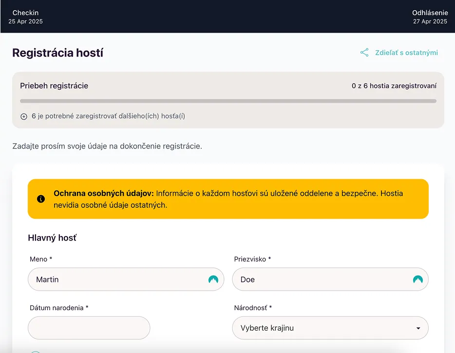 Online check-in formulár ukážka