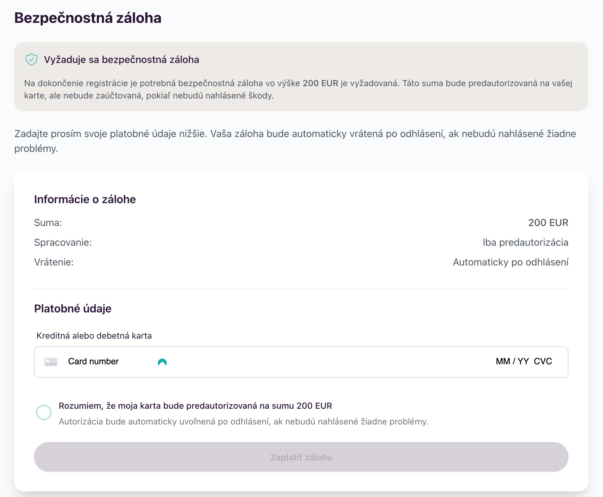 Rozhranie pre autorizáciu platobnej karty